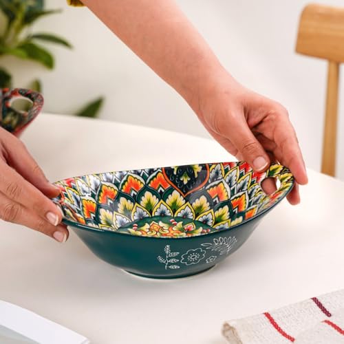 Image of Nestasia Mandala Ceramic Serving Bowl with Handles (400 ml) - Microwave & Dishwasher Safe Pasta Bowl | Floral Bowl with Glossy Finish - Ideal for Soup, Curries, Snacks, Salad & Noodles (Green)