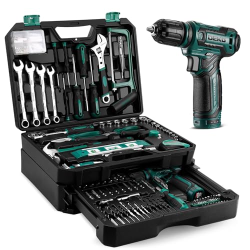 Tool Kit Box Drill Set:DEKO 238 Pieces Home Mechanic Toolbox with 12V Power Cordless Drill Hand Repair Tools Sets Combo Kits Storage Organizer Drawer Case for Men(Green)