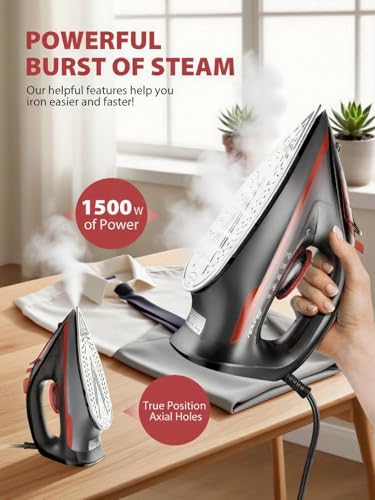 Irons Steamer for Clothes, Non-Stick Ceramic Soleplate, 500 Microsteam Holes, Powerful Steam Iron, Lightweight, Auto shutoff, Self-Cleaning, 12.31oz Water Tank Ironing Clothes for All Fabrics - Thumbnail 3