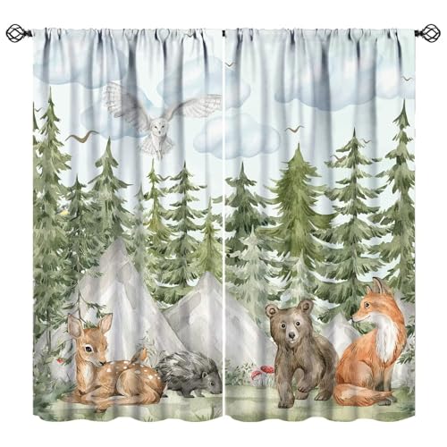 Forest Woodland Blackout Curtains for Kids，Retro Wildlife Animal Tree Cute Cartoon Bear Cabin Pattern Drapes Window 2 Panel Rod Pocket Curtain for...