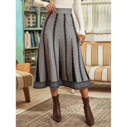 utcoco Women's Knit Midi Skirt High Waisted A-Line Flared Skirt with Geometric Striped for Fall Winter2