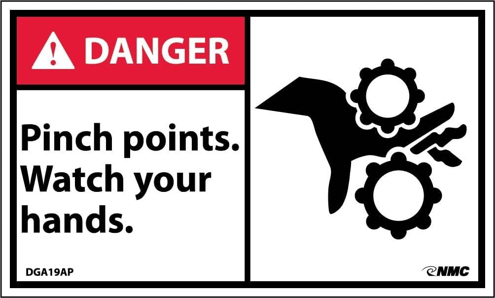 NMC DGA19AP ANSI Sign with Graphic, "DANGER Pinch points. Watch your hands.", 5" Width x 3" Height, Pressure Sensitive Vinyl, Red/Black on White (Pack of 5)