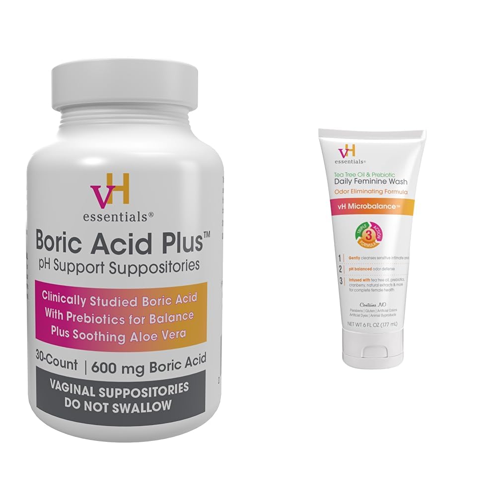 vH essentialsBoric Acid Vaginal Suppositories 30 Count and Tea Tree Oil & Prebiotic Daily Feminine Wash 6 Fl Oz