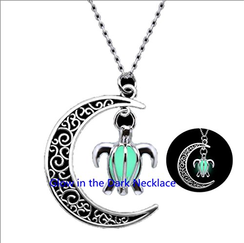 SALE - Glowing sea turtle locket with glow stone bead necklace,Glow sea turtle necklace,Glow Moon necklace,Glow in the dark