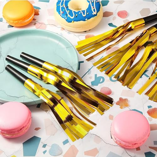 JazSwirl New Years Noise Makers, 24 Pcs Gold and Silver Noise Makers New Year’s Eve Party Supplies, Party Blowers Party Horns Noise Makers NYE Noisemakers for NYE Celebrations (Gold)