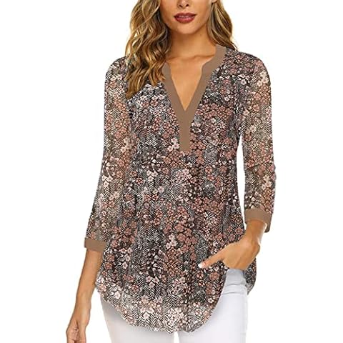 Supnier Womens Tops 3/4 Sleeve Loose Fit Tunic Tops Floral Print V Neck Dressy Blouses Henley Shirts Khaki,S Cover