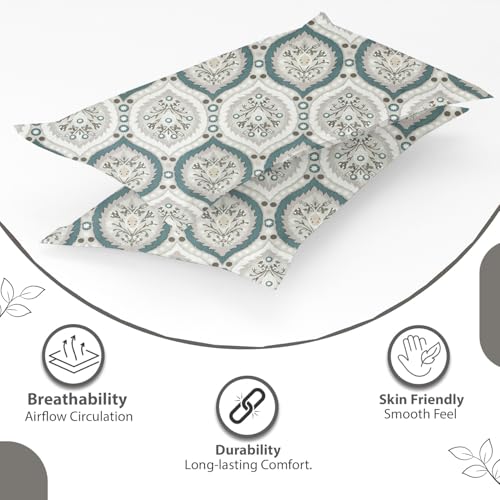 Image of IVAZA 240 TC Soft Ezyption Cotton Floral Print King Size Bedsheet - with 2 Pillow Covers, Hypoallergenic, Brethable, (Size- 90 x 90 Inch) | Damask Firozi
