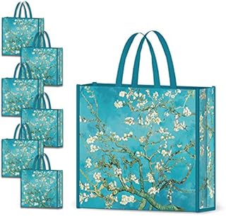 NymphFable 6 Pack Grocery Bags Reusable Almond Blossoms Shopping Bags Waterproof Tote Bag Gift bags 50LBS