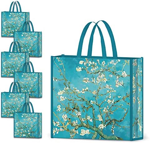 NymphFable 6 Pack Grocery Bags Reusable Almond Blossoms Shopping Bags Waterproof Tote Bag Gift bags 50LBS