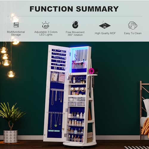 Image of HNEBC 360 Swivel Jewelry Armoire with Mirror, LED Mirror Jewelry Cabinet Standing, Full Length Mirror with Jewelry Storage, Standing Jewelry Organizer /Lockable Wheels /Foldable Makeup Shelf (A-White)