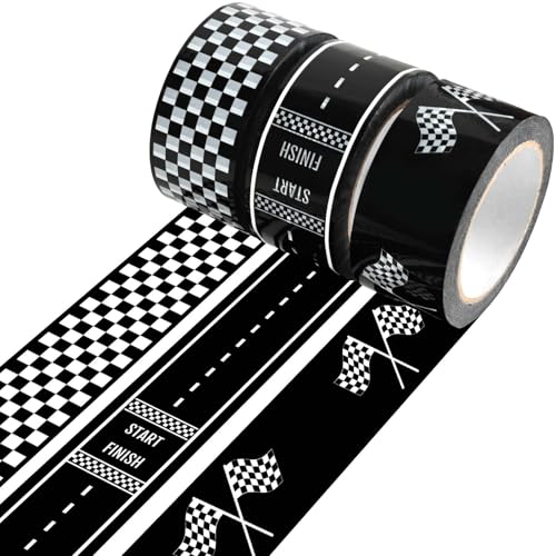 3 Rolls Black White Checkerboard Road Car Track Tape Checkered Flag Race Track Decorative Tapes for Box Scrapbook DIY Crafts Party Decorations,2Inches x 109Yards