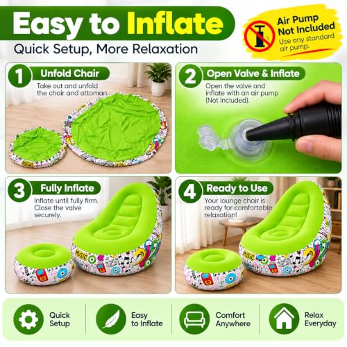 Image of Inflatable Lounge Chair with Matching Ottoman, Single Size, Foldable & Portable Relaxing Chair for Living Room, Bedroom & Home, Lime Green