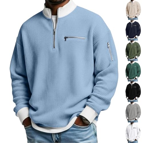 Waffle Shirts for Men Long Sleeve Shirts Quarter Zip Pullover Tunic Tops | Soft Cozy Lightweight, Mock Neck, 1/4 Zip, Zipper Pocket, Faux Sleeve Pocket, Color Block, Fall Fashion Clothes 2026 - image 1