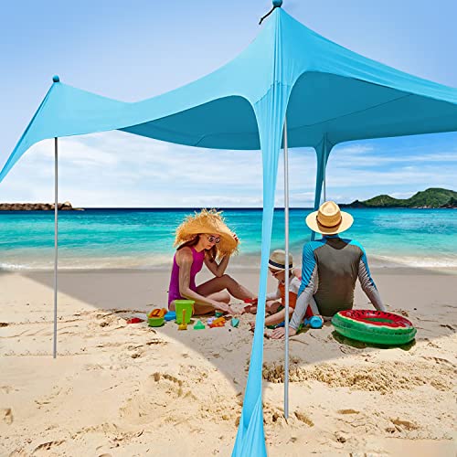 Gluckluz Beach Tent Sunshade with Sand Anchor Sun Shelter Canopy Portable Anti-Wind UPF 50+ Tent with 4 Foldable Aluminum Poles for 6-8 Person Outdoor Camping Fishing Backyard Picnic (10x10 FT Blue)
