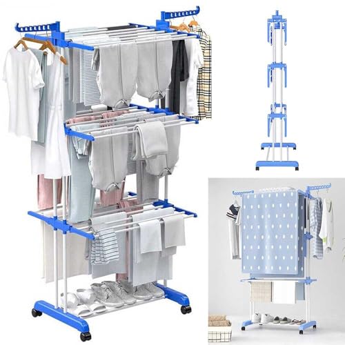 4-Tier Foldable Clothes Drying Rack Laundry Clothes Airer with Casters,-Adjustable Side Wings for Indoor Outdoor,Easy to use and move