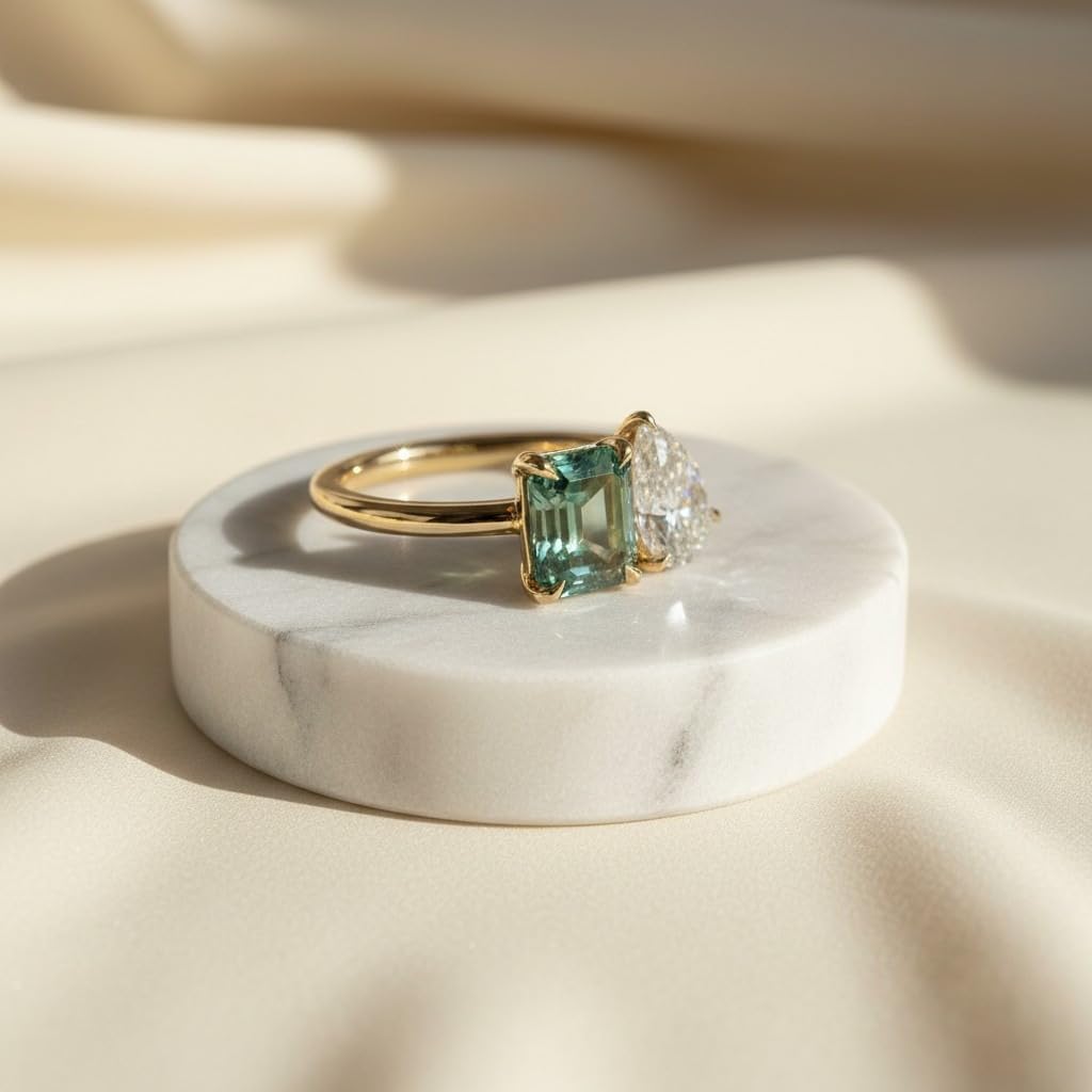 Emerald Cut Green Moissanite Pear Cut Moissanite 18K Gold Plated Engagement Ring 925 Silver Two Stone Ring, Christmas Gift for Woman, Wife By REDWINE JEWELLS