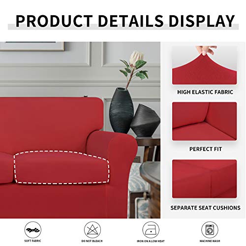 Image of Easy-Going 4 Pieces Stretch Sofa Cover for 3 Cushion Couch Washable | Sofa Slipcover for Stretch 3 Separate Sectional Cushion Couch - Furniture Protector for Pets, Kids Christmas Red