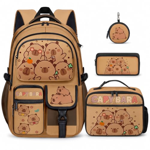TOWIHUN Capybara Backpack for Girls 4pcs Capybara Boys Backpack with Lunch Box and Pencil Case for Kids Bookbag for Elementary & Middle School