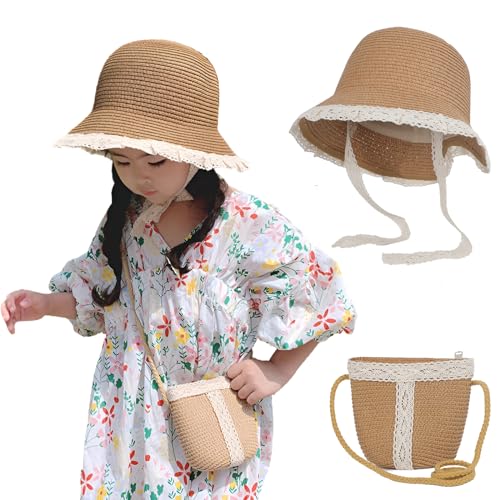 2pcs Girls Sun Hat with Shoulder Bag Set Large Brim Beach Straw Hat Purse UPF50+ Cute Lace Travel Party Summer Cap