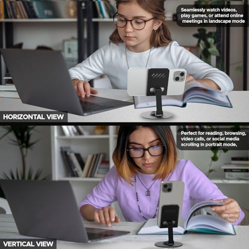 Image of Amkette Ergo 360 Alloy Mobile Stand for Desk, Foldable Design with Stable Rotational Metallic Round Base, Multiple Height & Angle adjustments for Smartphones, Tablets & iPad (Black)