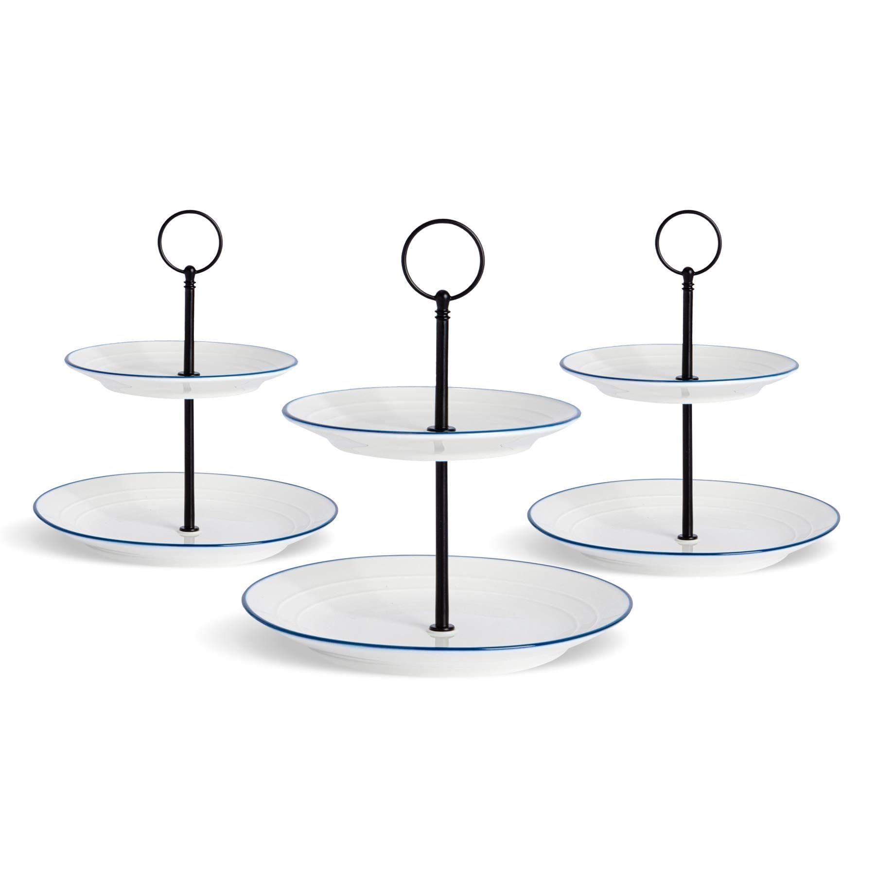 Nicola Spring Farmhouse 2-Tier Cake Stands - Set of 3 White Porcelain Rustic Country Cottage Afternoon Tea Dessert Stands with Rolled Rims & Hoop Handle
