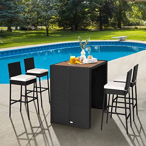 Tangkula-5-Piece-Patio-Wicker-Bar-Set-Patiojoy-Outdoor-Acacia-Wood-Bar-Height-Table-4-Rattan-Bar-Stool-Chairs-with-Backrest-and-Footrest-Outdoor-Dining-Bistro-Set Tangkula 5 Piece Patio Wicker Bar Set Patiojoy Outdoor Acacia Wood Bar Height Table 4 Rattan Bar Stool Chairs with Backrest and Footrest Outdoor Dining Bistro Set