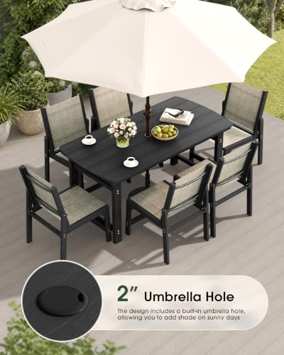 Image of HDPE Outdoor Patio Dining Set with Table & 6 Stackable Armless Textilene Chairs, All-Weather 7-Piece Dining Table Set with Umbrella Hole, Patio Furniture for Garden, Poolside, Backyard, Deck | Black