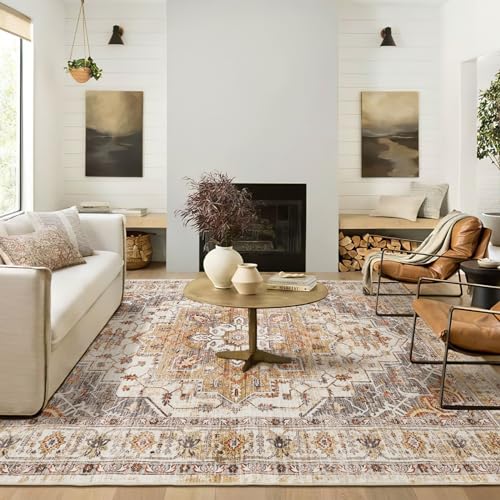 Madane 6x9 Area Rugs for Living Room, Stain Resistant Washable Rugs, Non-Slip Backing Area Rug, Vintage Home Decor Rug for Bedroom (Turmeric/Grey, 6'x9')