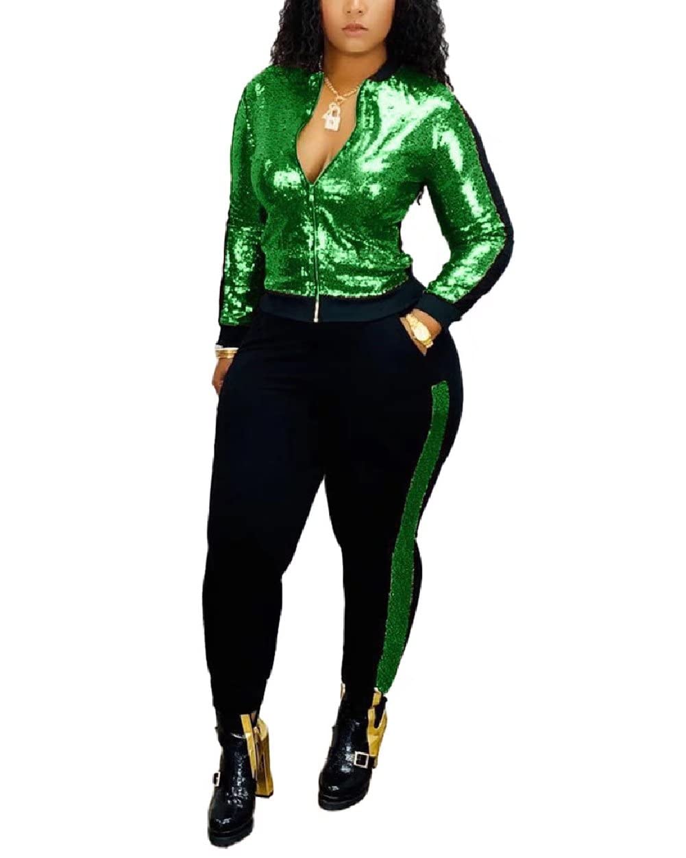 ThusFar Women's Sexy Sequin Two Piece Outfits Pockets Glitter Metallic Jacket and Pant Bodycon Jogger Tracksuit Clubwear