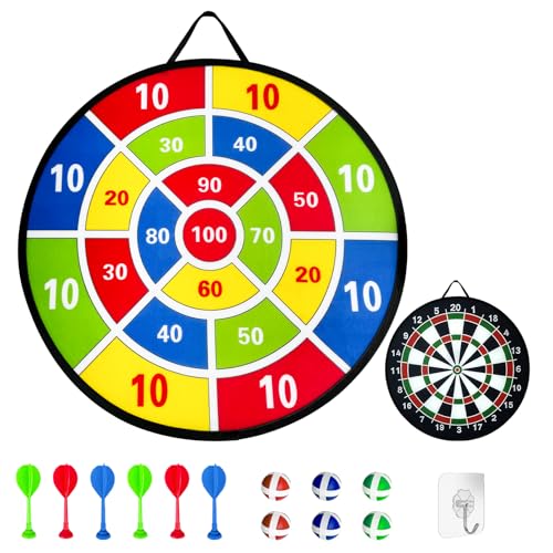 Diana de doble cara con 6 bolas adhesivas y 6 dardos. Juego de puntería con diana de doble cara, Ideal como regalo de cumpleaños o para juegos de fiesta y actividades al aire libre. ﻿