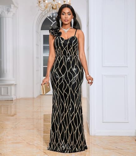 Image of Cololura Women Sexy Elegant Sequin High Split Ruffled Hem Mermaid Party Cocktail Bodycon Formal Evening Gowns Maxi Dress