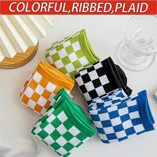 Image of CHUNFO Womens Plaid Vintage Socks Colorful Running Checkerboard Crew Socks Cotton Casual Size5-9.5