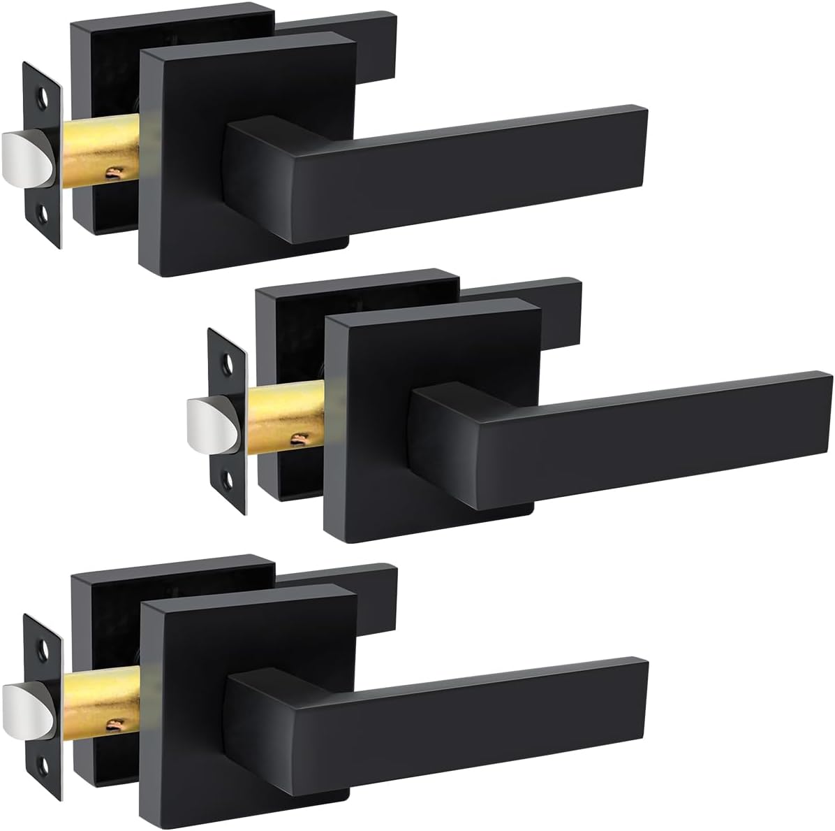 KAMOTA Passage Door Levers, 3 Pack Black Heavy-Duty Door Handles, Square Non-Locking Door Knobs, Right and Left Handed for Closets, Hallways and Conference Rooms