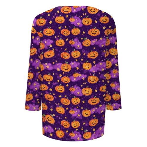 Image of Women Spooky Halloween Graphic Shirt 3 /4 Length Sleeve Crewneck Top | Halloween Funny Printed Pumpkin Plus Size Tshirts 2026 Fall Outfits Skeleton Tee Going Out Tops