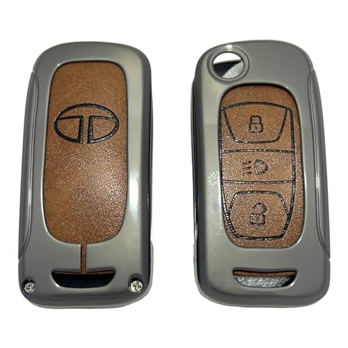 Image of Zinc Metal Alloy Leather Car Key Cover & Case Brown with Keychain & Holder fit for TATA Nexon, Punch, Altroz, Tigor, Tiago, Harrier, Zets, Bolt, Hexa, Storme (3 BT Flip Key)