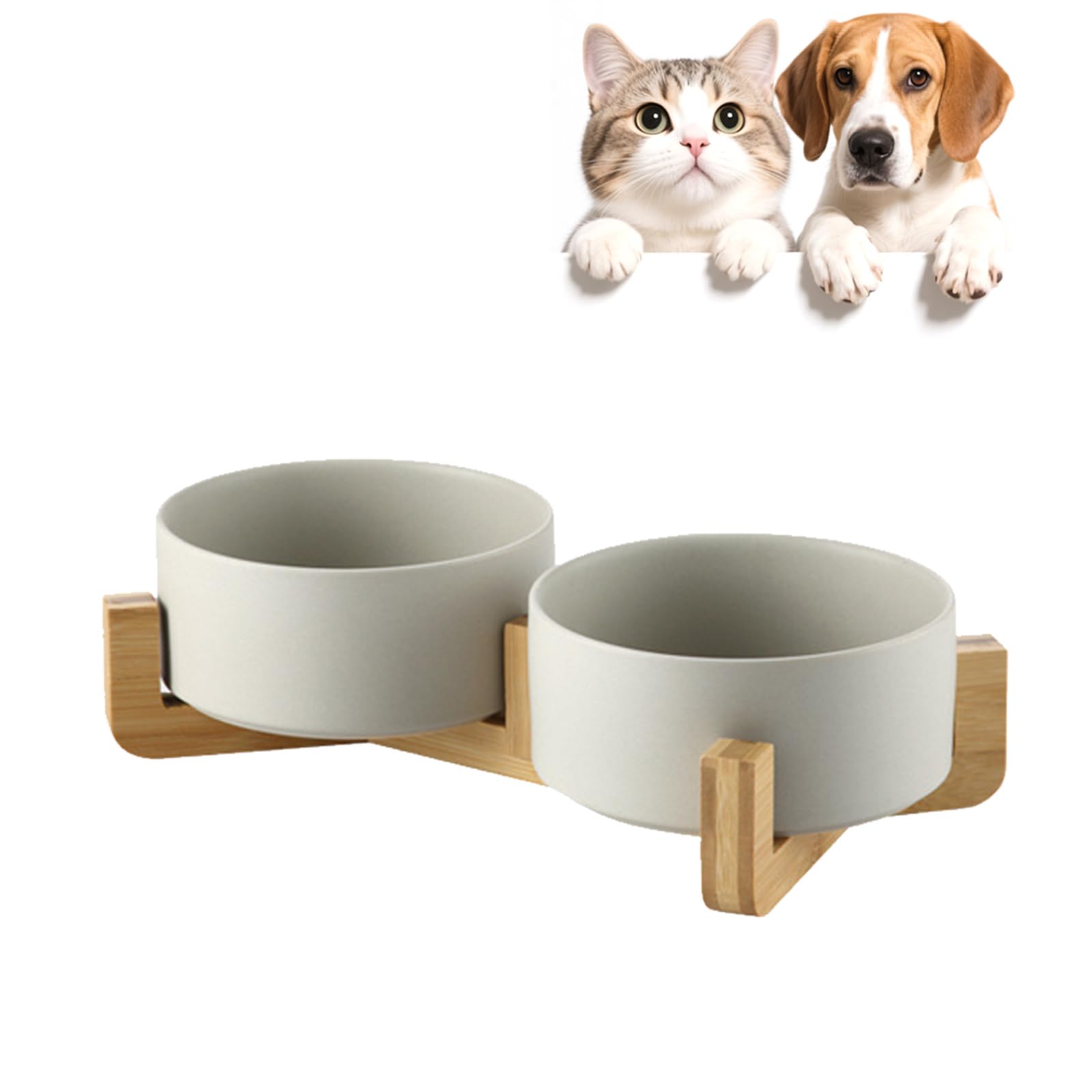 Ceramic Cat Bowls with Bamboo Stand, Double Elevated Pet Feeding Bowls, 400ml Each, Removable Non Slip Food and Water Bowls, Stable Base for Cats & Small Dogs, Grey (Set of 2)