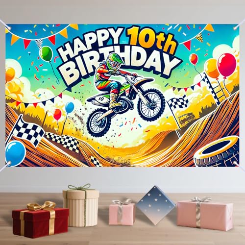 Image of Nuxovilar Happy 10th Birthday Banner Backdrop 71 inchx43 Polyester | Celebrate Party Supplies, Celebration Decor. Dirt Bike Birthday Party Decorations. Yard, Garage, Room. (Dirt Bike 10th)