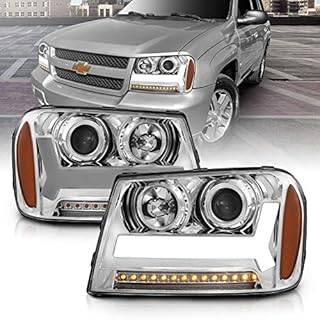 AmeriLite for 2006-2009 Chevy Trailblazer LT Models Plank LED Tube Projector Chrome Headlights Pair - Passenger and Driver Side