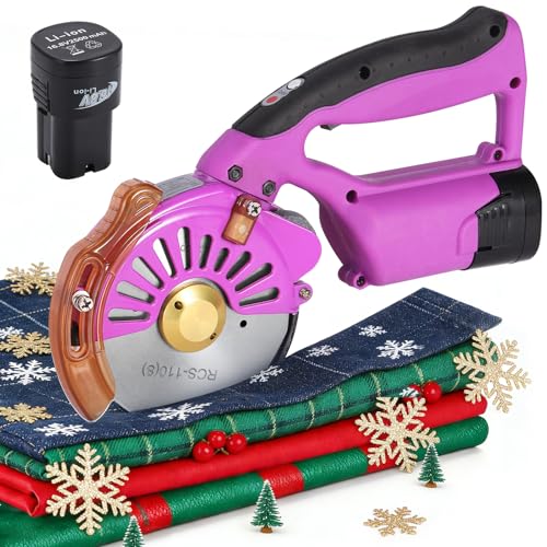 BAOSHISHAN Electric Fabric Rotary Cutter with 2x14.8V Battery Big Cordless Speed Adjustable Scissor 100mm/4inch Round Knife Leather Cutting Machine Suitable for Multi-Layer Fabric (Purple (Cordless))