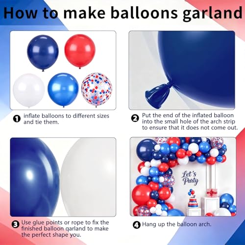Image of Zesliwy Red Blue White Balloon Arch Kit,Navy Pearl Blue Dark Blue Red White Balloons Garland with Confetti for 4th of July Patriotic Day Anniversary Nautical Graduation Birthday Party Decoration