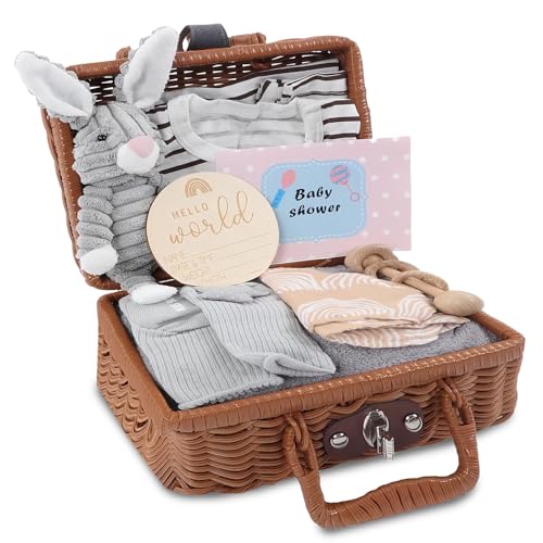 Cesta de regalo para recién nacidos, 9 en 1, set de regalo para nacimiento con mantas para bebé, pañuelo triangular, peluches, tarjetas de felicitación, tarjetas de nacimiento, calcetines, ropa