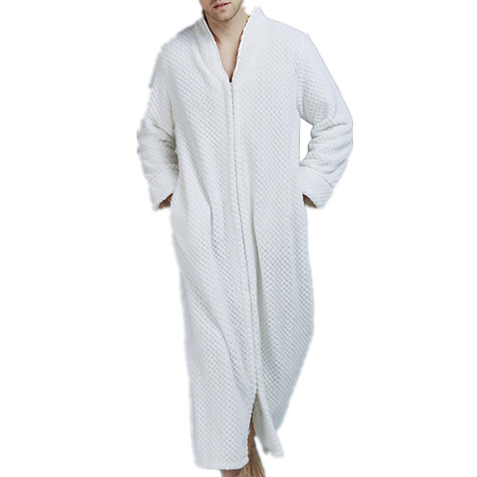 Accappatoio da donna con cerniera, leggero M-XL, vestaglia taglie lunga in pile | Pigiama da donna con scollo a V, con tasche, tinta unita, delicato sulla pelle