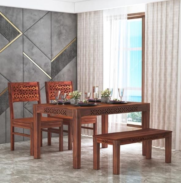 Image of Solid Sheesham Wood Dining Table Set with Chairs | Brown Modern Decorative Dining Set for Home /Office /Dining Room /Hotels | Comfortable Seating, Brown 4 Seater
