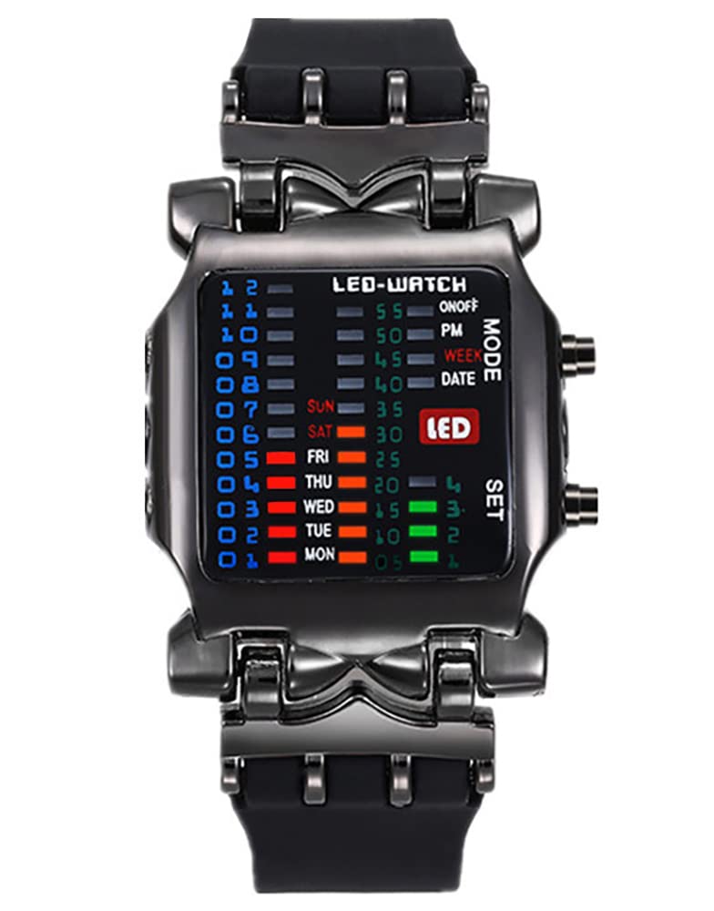 Fashion Mens Digital Watch LED Binary Watches for Men Waterproof Outdoor Casual Black Silicone Square Watches