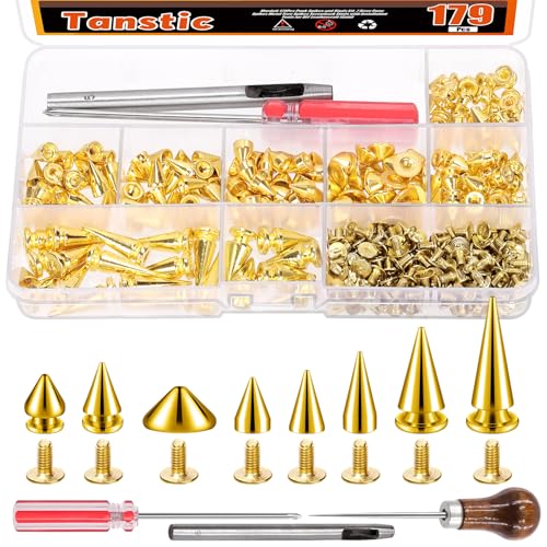 Tanstic Juego de 176 juegos de puntas y tachuelas punk, 8 tamaños, puntas cónicas, tachuelas de metal para árbol de cuero, accesorios de ropa de estilo punk (dorado)