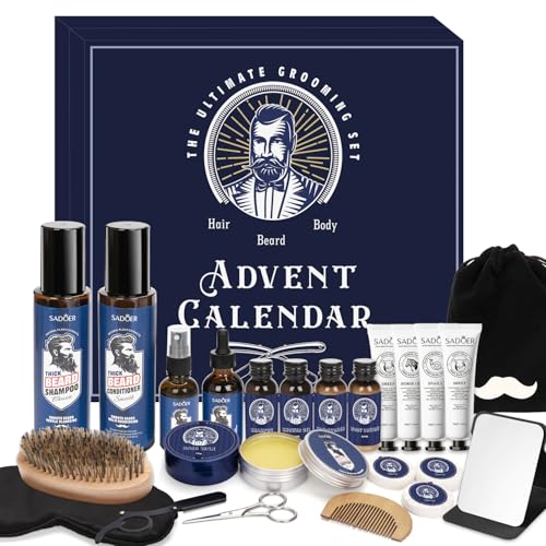 Calendrier de l'Avent 2025 pour Hommes, 24PCS kit d'entretien de la Barbe de Qualité Supérieure, Calendrier de Noël pour le Corps, le Visage, la Barbe et les Cheveux, Cadeaux de Noël pour Hommes