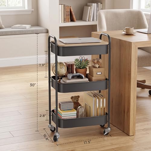 Image of DTK 3 Tier Rolling Cart with Wheels, Heavy Duty Metal Utility Cart, Mobile Storage Organizer with Lockable Casters, Multi-Purpose Rolling Cart for Nursery, Bathroom, Kitchen, Office, Classroom