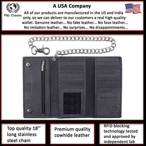 Image of F&L CLASSIC Chain Wallets for Men buffalo premium leather RFID blocking long style Tri-fold for Trucker, bikers, black buffalo