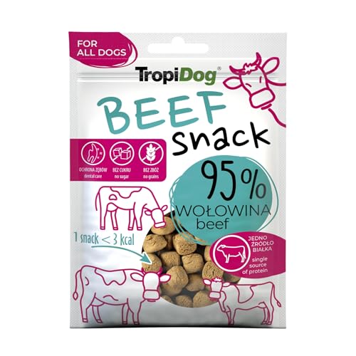 Snack per cani monoproteici con il 95% di manzo, senza cereali e conservanti, ideale per l'addestramento e l'igiene orale - TropiDog Snack Beef 70g