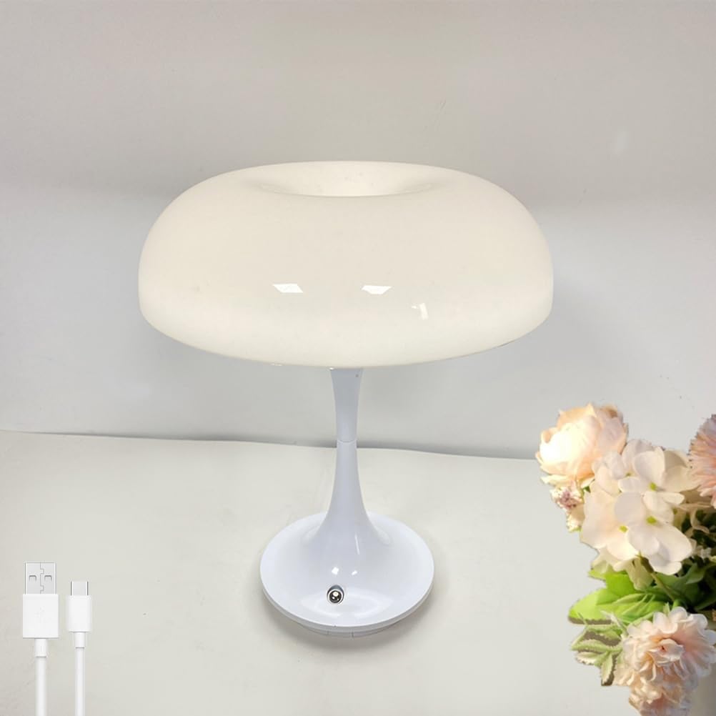 EOEO Lámpara de Mesa Seta LED Inalámbrica Táctil Regulable Lámpara de Escritorio Recargable USB, 3000K-6000K, Lámpara de Mesita de Noche Sin Cables, Lámpara de Sobremesa para Dormitorio Salón,blanca